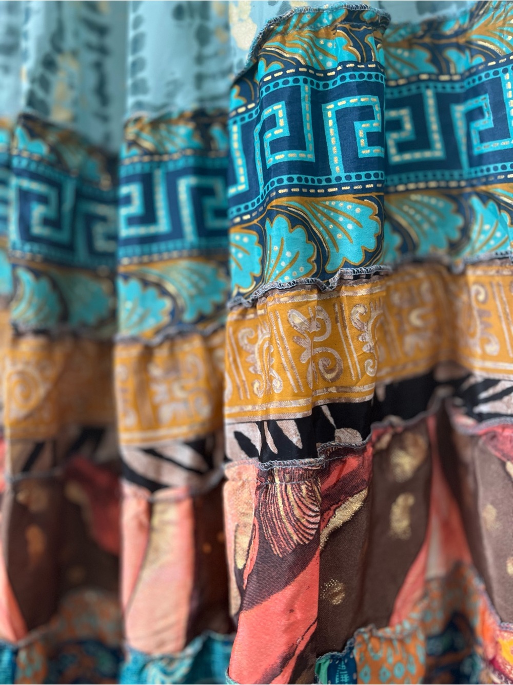 Boho Tiered Maxi Skirt in Teal Multicolor Patchwork - Picture 6 of 9